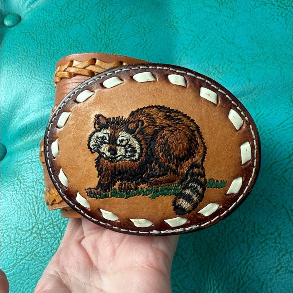 Tan tooled leather belt whipstitching statement embroidered raccoon buckle 34